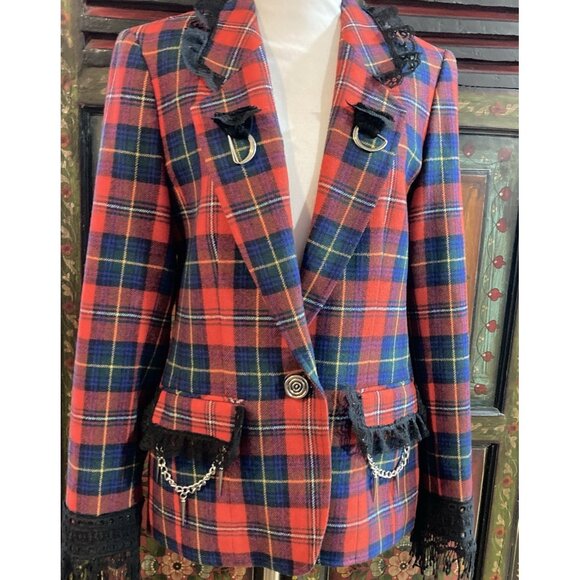 Punk Jacket Blazer Upcycled Boho Whimsigoth Plaid Academia Pendleton Reworked 10 - Picture 7 of 16